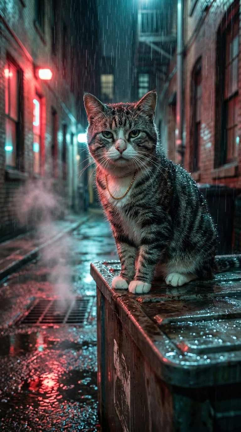 Jojo, a silver-grey tabby with a gold chain, surveys a rain-soaked neon alley.