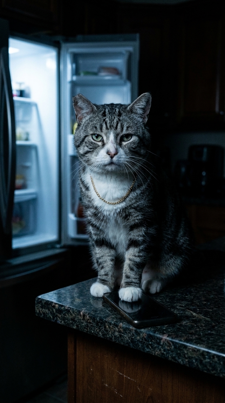 Jojo on the kitchen counter, paw poised beside a phone.