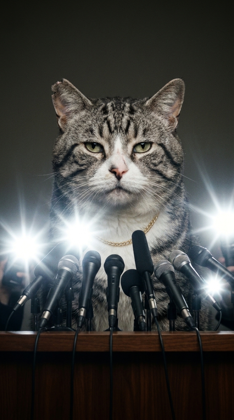 Jojo faces a bank of microphones at a press conference.