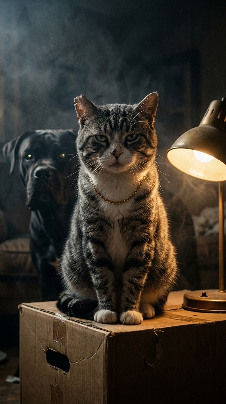 Jojo sits on a cardboard-box throne, with a black mastiff behind him.